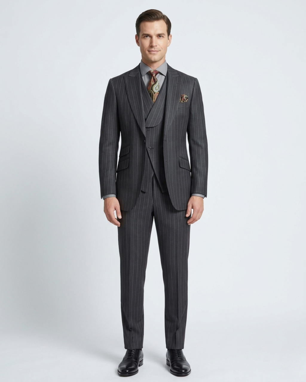 Men's Classic Fit Charcoal Gray Striped Wool 3-Piece Suit