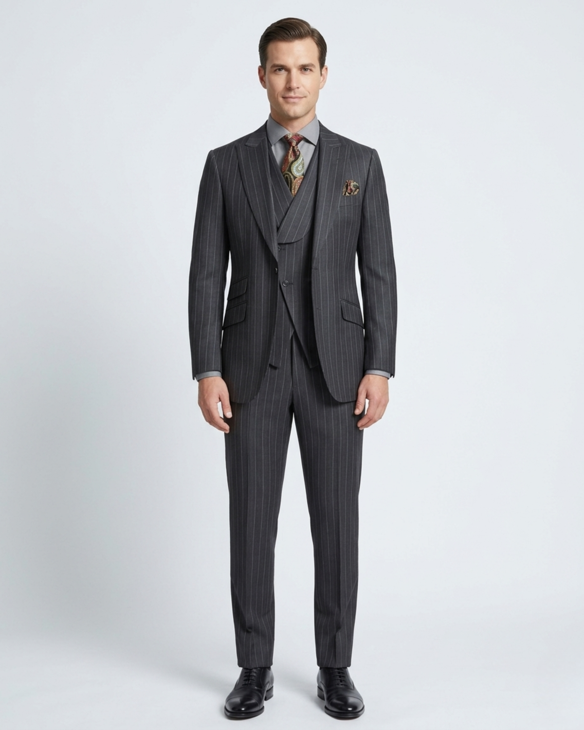 Men's Classic Fit Charcoal Gray Striped Wool 3-Piece Suit