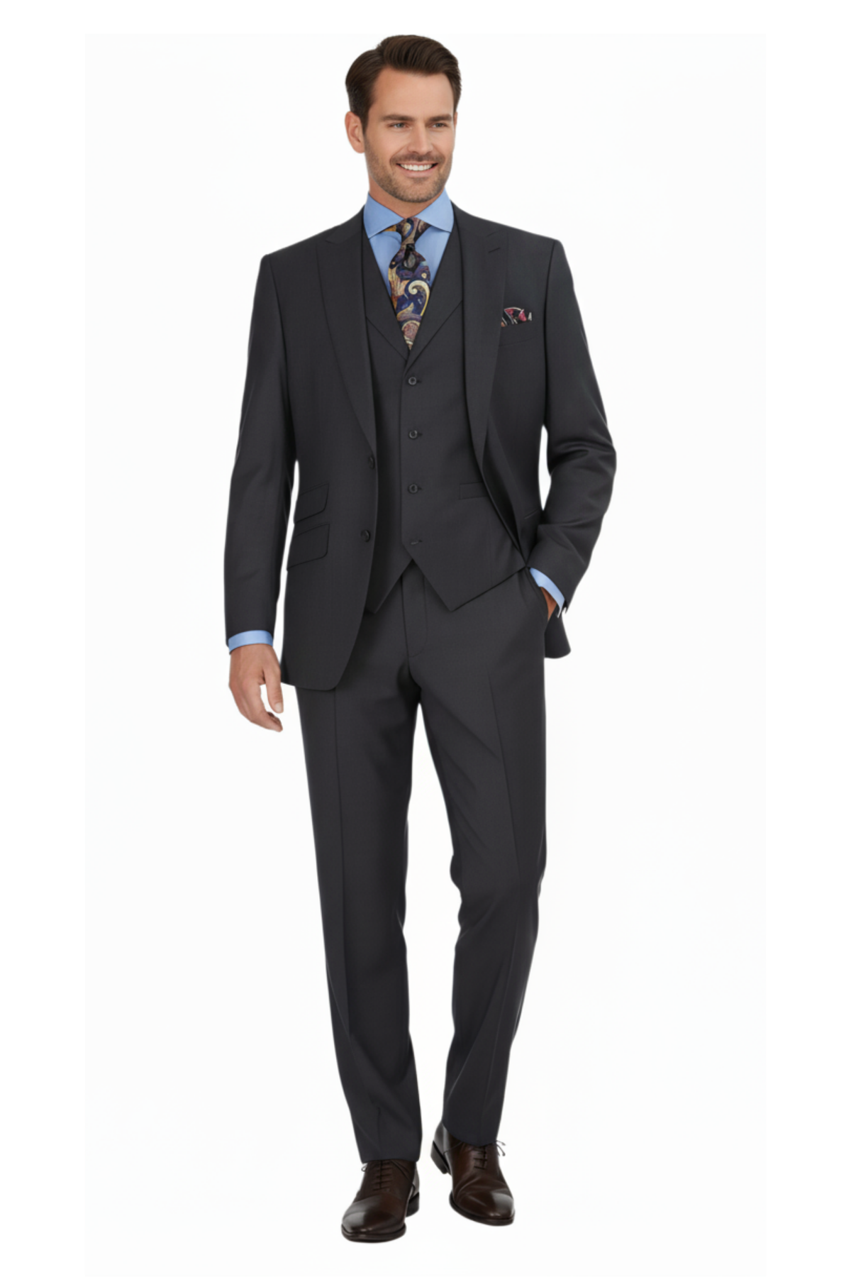 Men's Charcoal Striped Peak Lapel Classic Fit 3-Piece Wool Suit – view 2