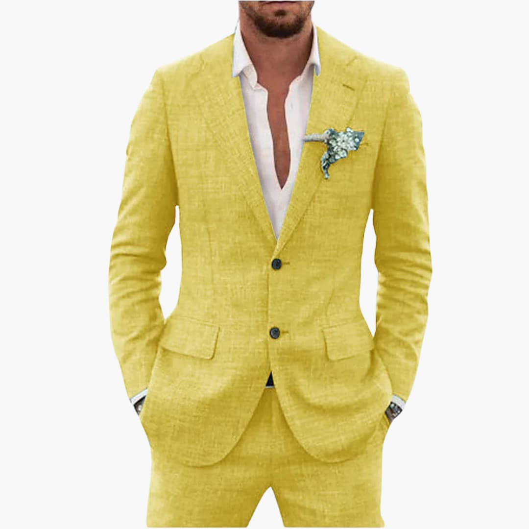 Men's Linen Suit Set – Two-Piece Button Blazer & Trousers Summer Holiday Suit