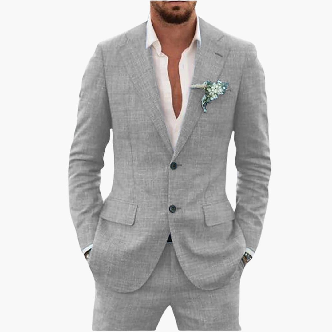 Men's Linen Suit Set – Two-Piece Button Blazer & Trousers Summer Holiday Suit