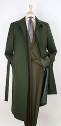 Men's Solid Green Wool Gabardine Belted Duster Overcoat