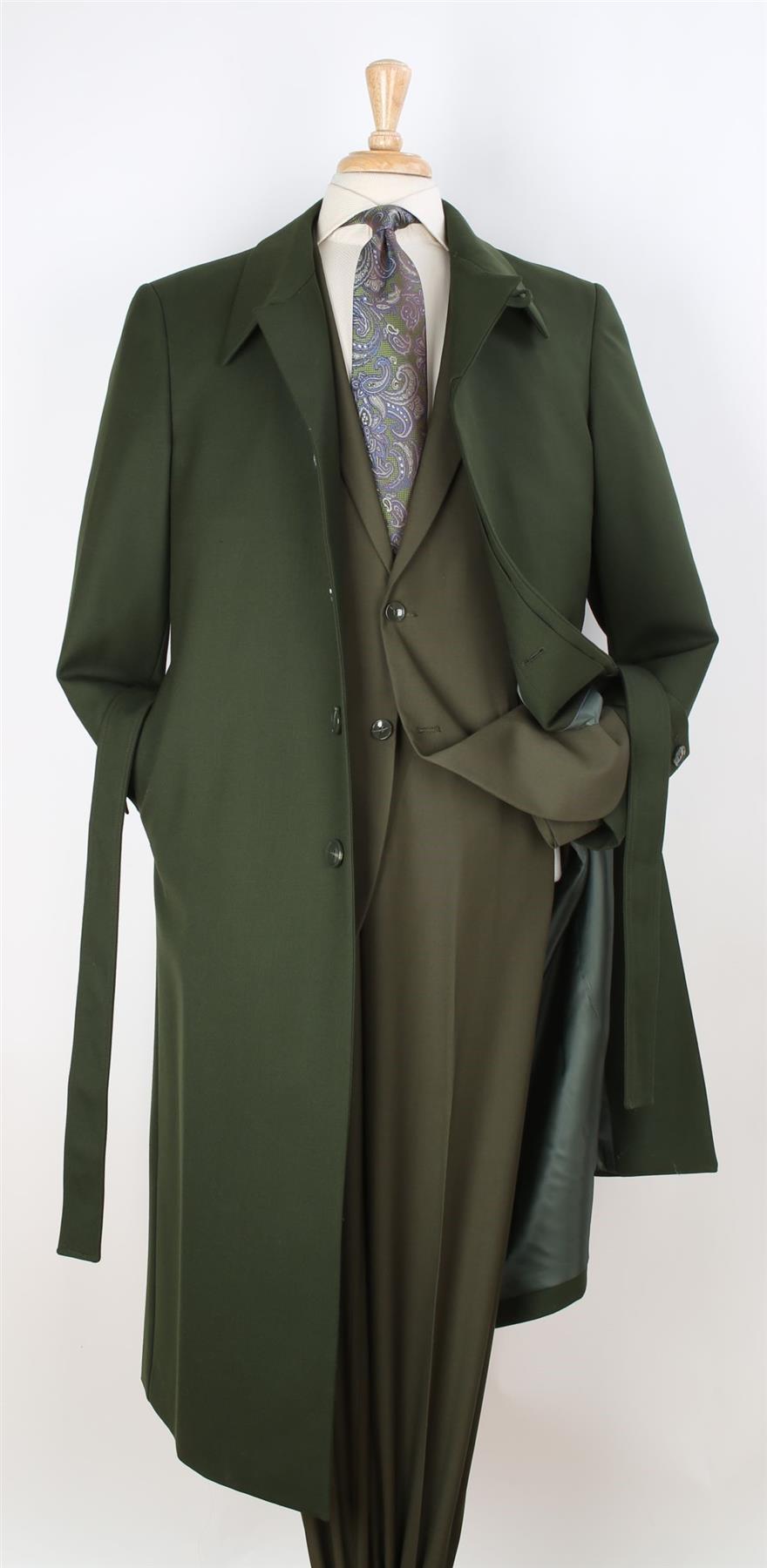 Men's Solid Green Wool Gabardine Belted Duster Overcoat