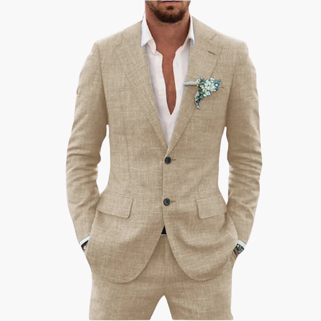 Men's Linen Suit Set – Two-Piece Button Blazer & Trousers Summer Holiday Suit