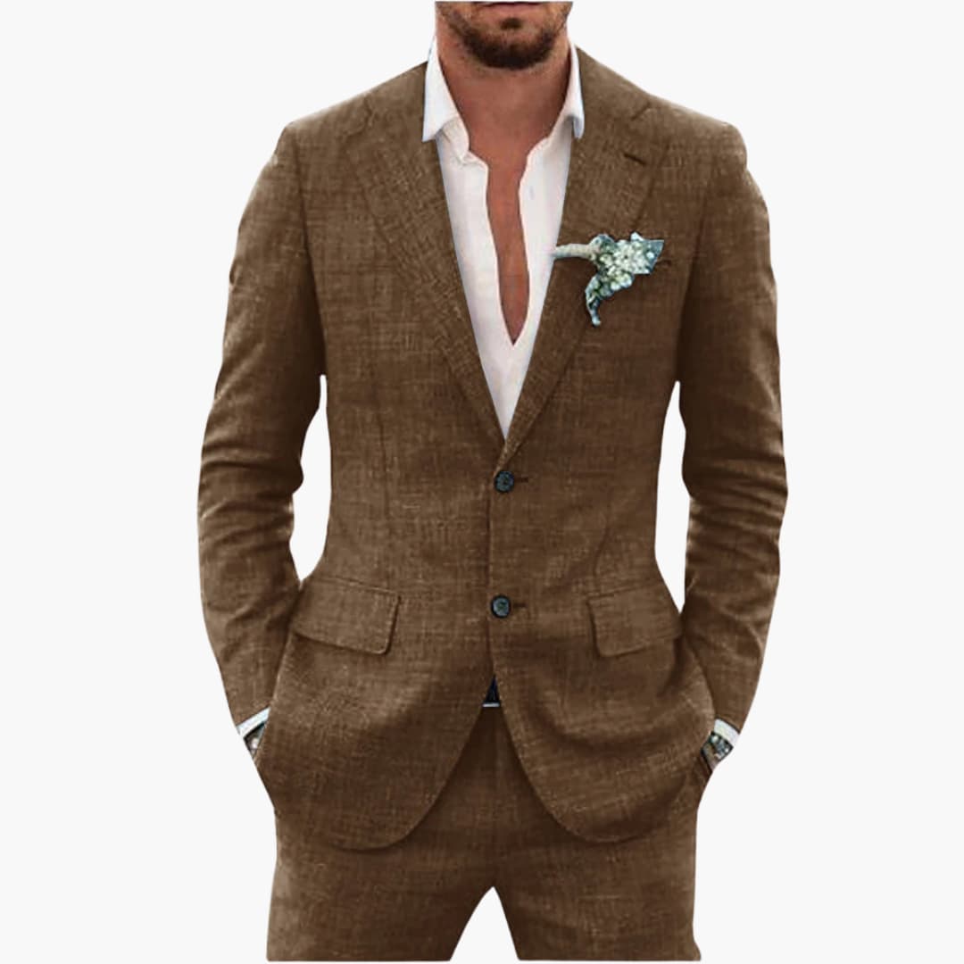 Men's Linen Suit Set – Two-Piece Button Blazer & Trousers Summer Holiday Suit
