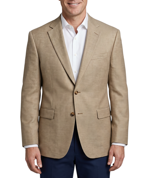 Men's Beige Textured Modern Fit Notch Lapel 2-Button Wool Sport Coat