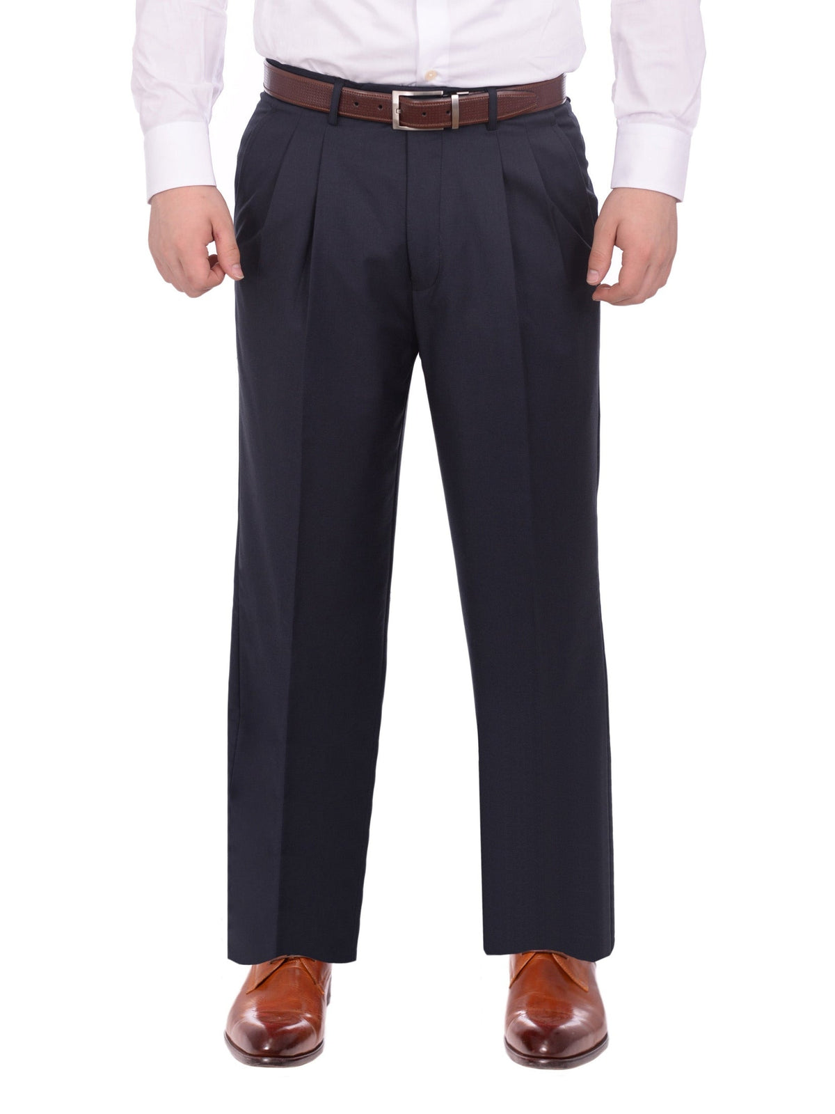 Men's Regular Fit Solid Navy Blue Double Pleated Unhemmed Dress Pants