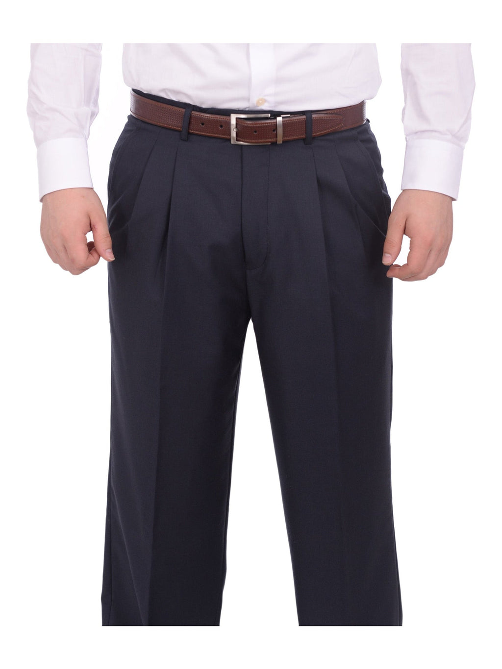 Men's Regular Fit Solid Navy Blue Double Pleated Unhemmed Dress Pants – view 2
