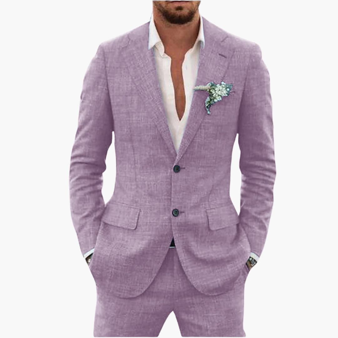 Men's Linen Suit Set – Two-Piece Button Blazer & Trousers Summer Holiday Suit