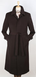Men's Solid Brown Wool Gabardine Belted Duster Overcoat