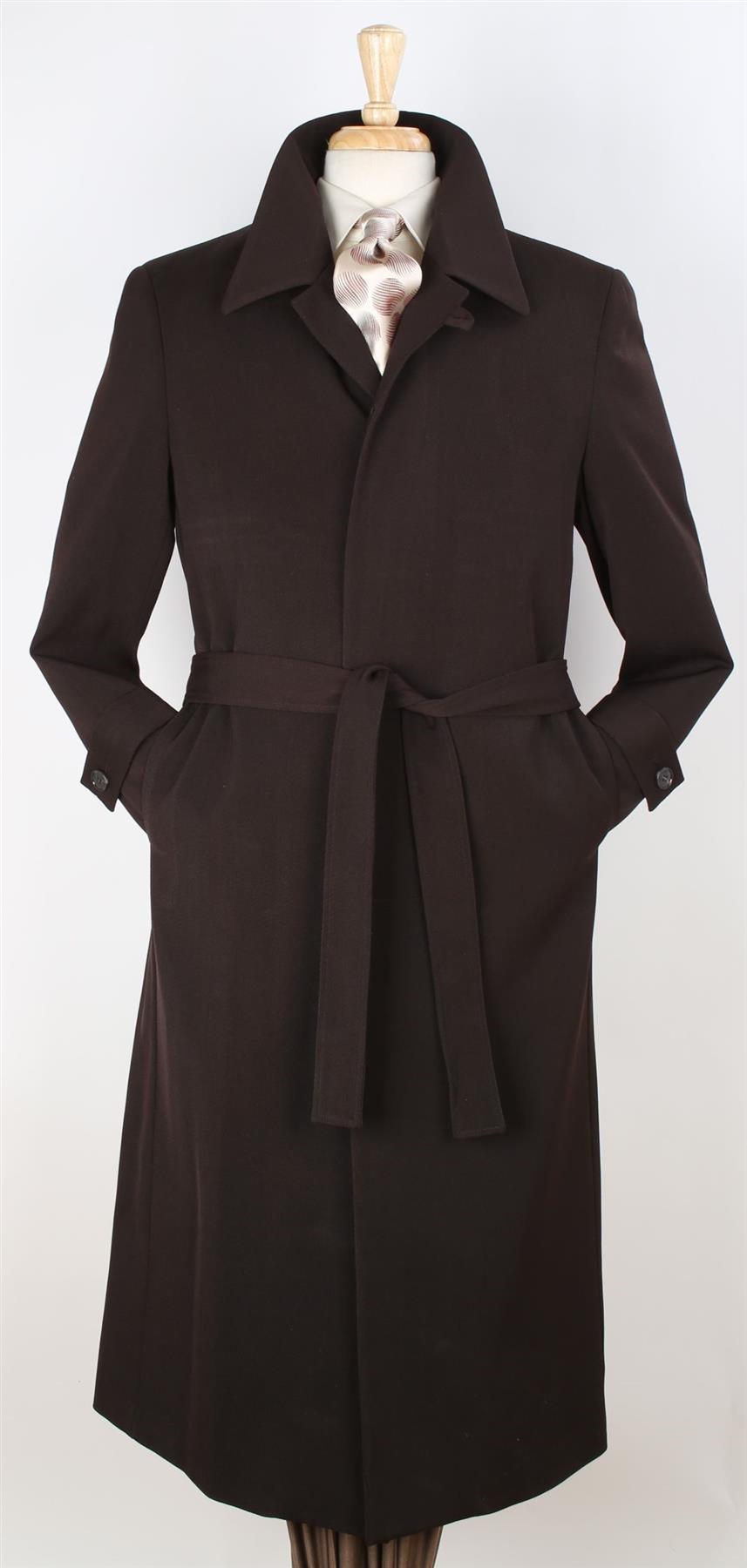 Men's Solid Brown Wool Gabardine Belted Duster Overcoat
