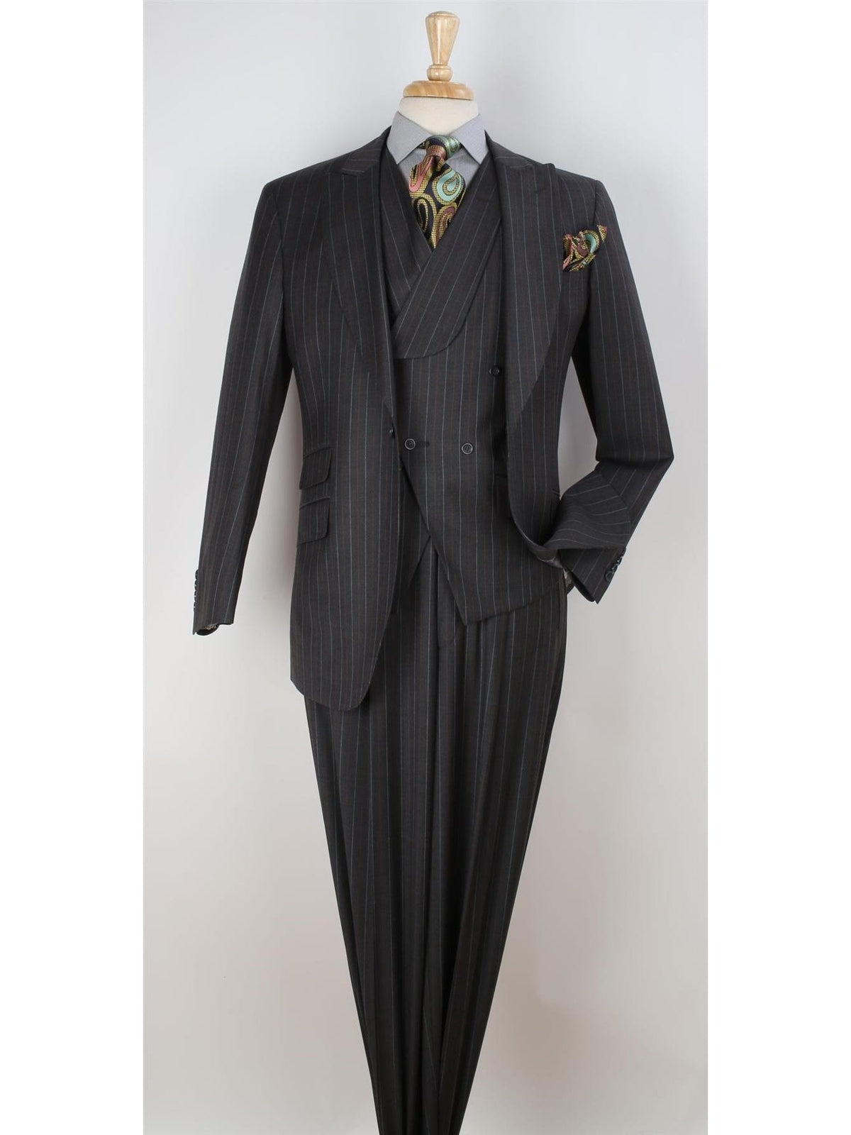 Men's Classic Fit Charcoal Gray Striped Wool 3-Piece Suit – view 2