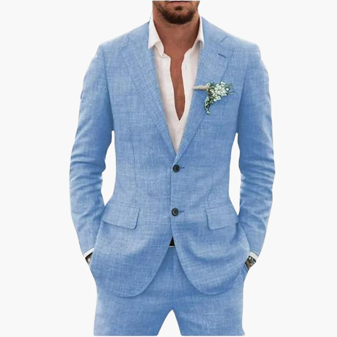 Men's Linen Suit Set – Two-Piece Button Blazer & Trousers Summer Holiday Suit