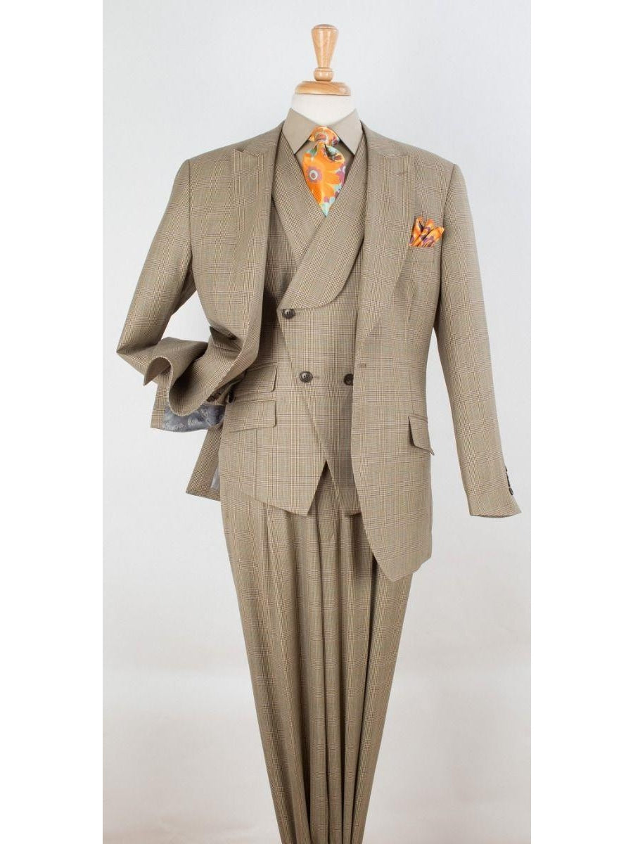 Men's Classic Fit Tan Check Wool 3-Piece Suit – view 2