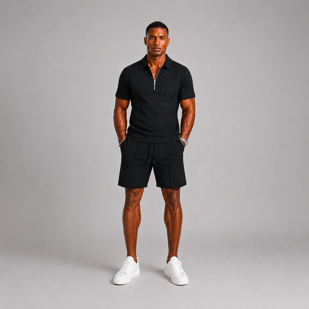 Men's Polo & Shorts Set – Zip Polo Two-Piece Summer Outfit