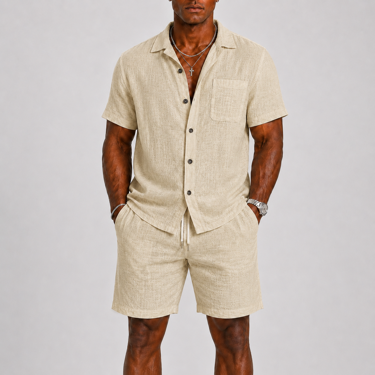 Men's Linen Set – Short-Sleeve Shirt & Shorts Two-Piece Summer Outfit