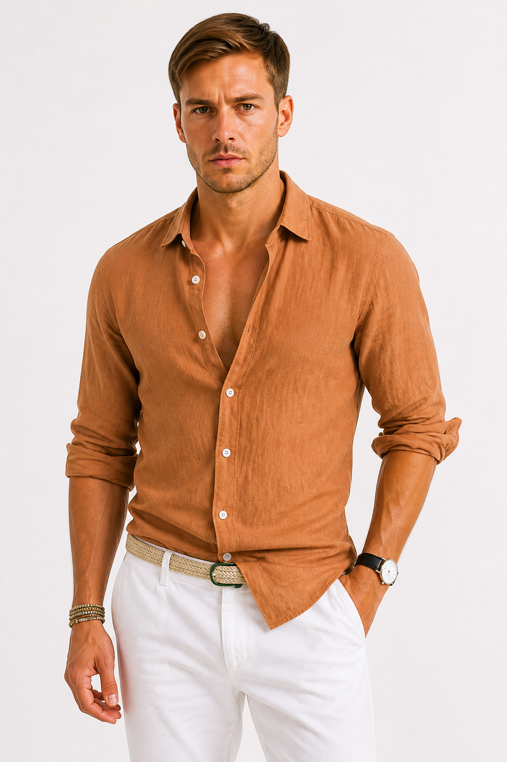 Men's Linen Shirt with Classic Collar – Slim-Fit Breathable Summer Shirt