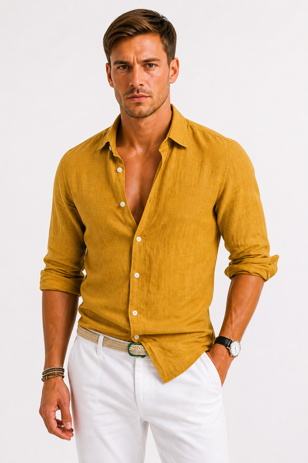 Men's Linen Shirt with Classic Collar – Slim-Fit Breathable Summer Shirt