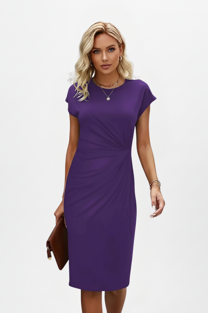 Women's Knee-Length Dress with Round Neck & Ruched Waist – Elegant Day Dress