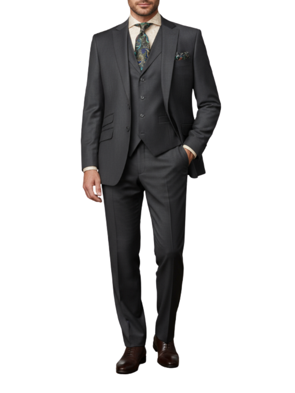 Men's Textured Charcoal Gray Classic Fit Peak Lapel 3-Piece Wool Suit – view 2