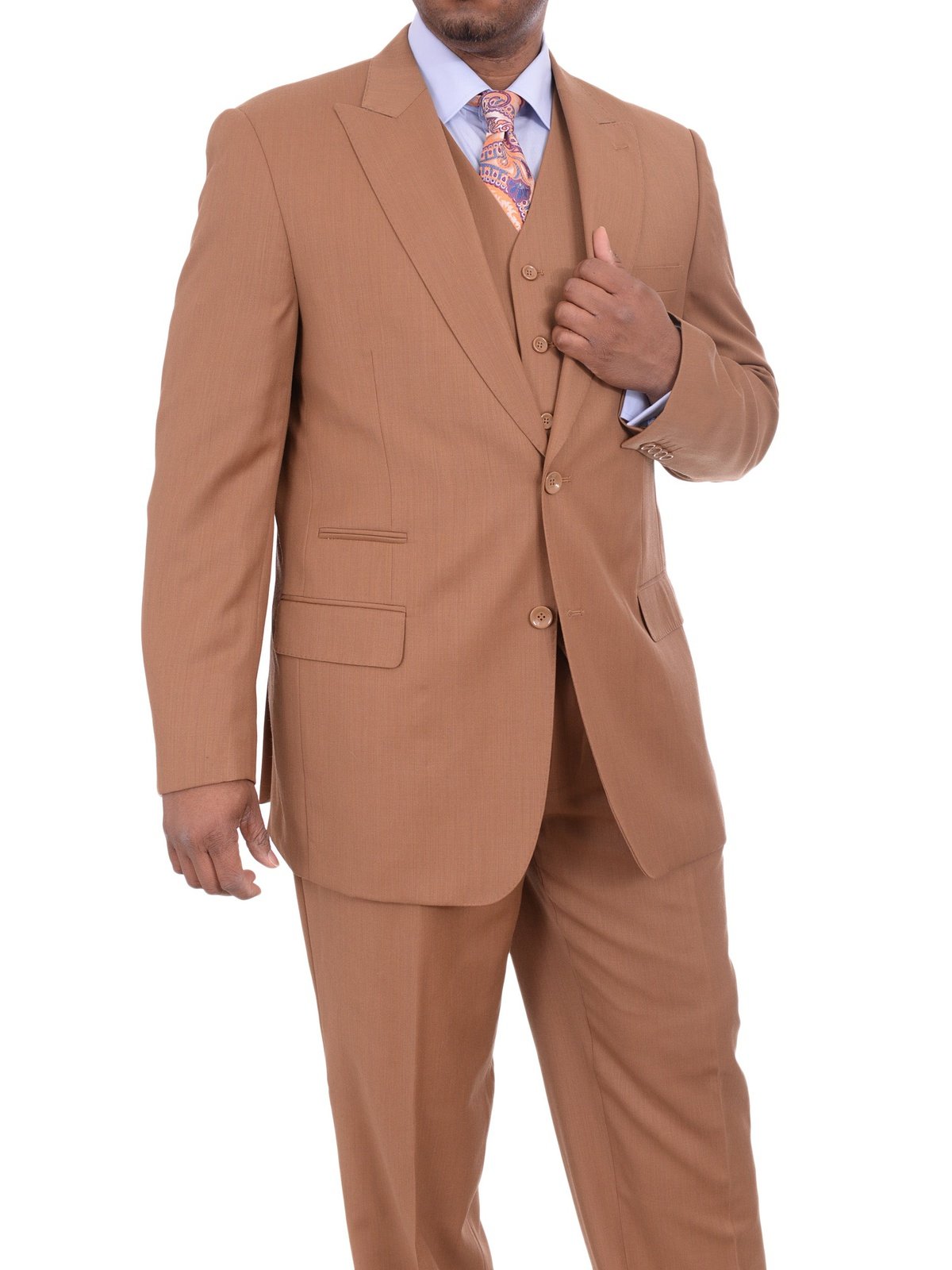 Men's Solid Brown 3-Piece Wool Suit Peak Lapel – view 2