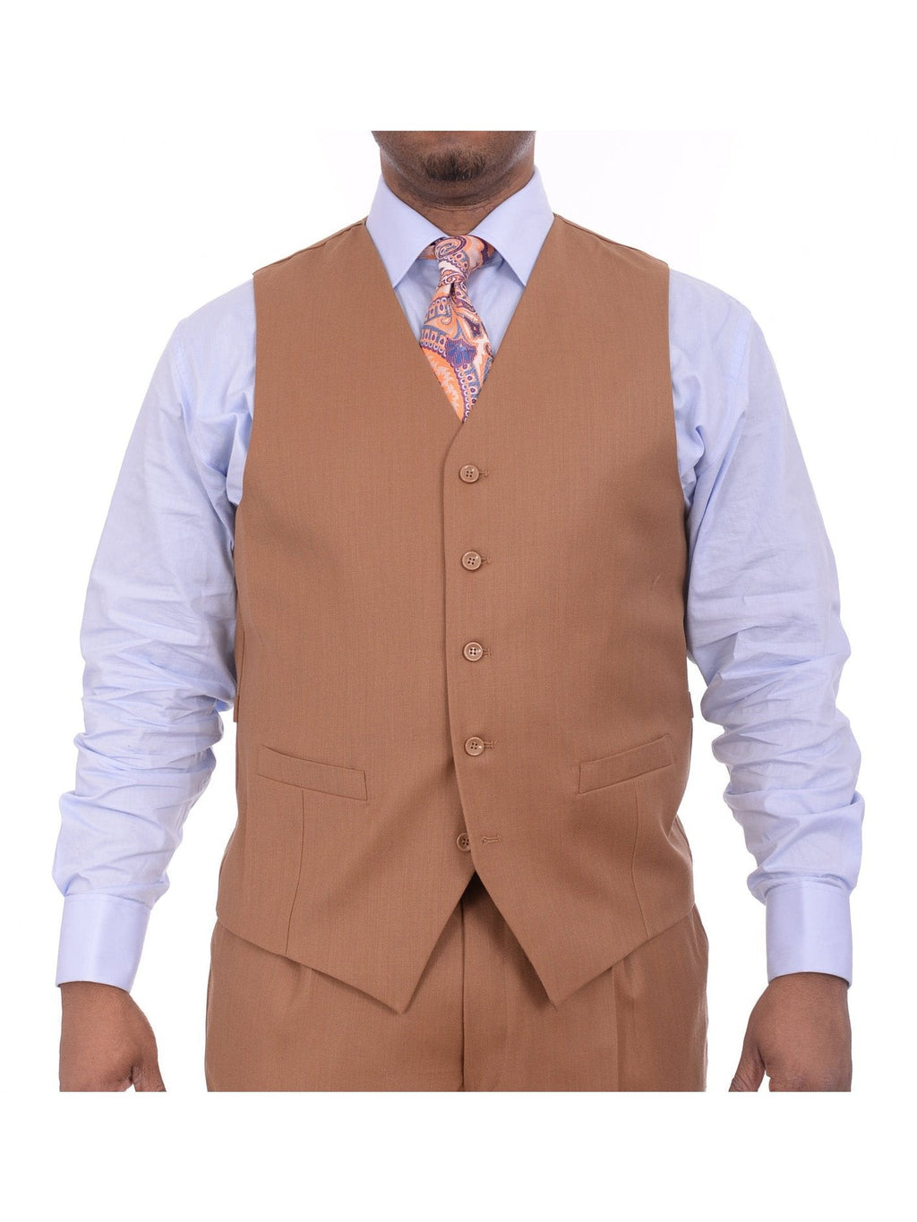 Men's Solid Brown 3-Piece Wool Suit Peak Lapel – view 4