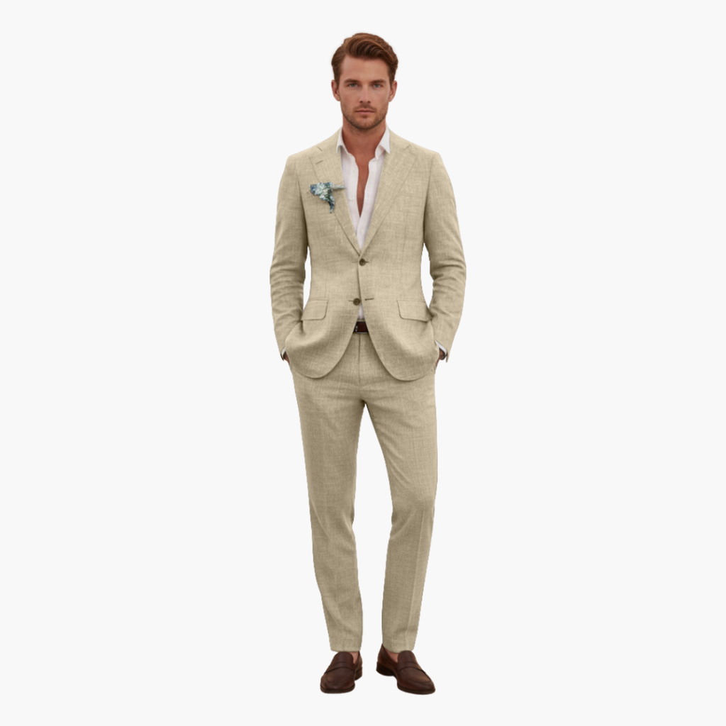 Men's Linen Suit Set – Two-Piece Button Blazer & Trousers Summer Holiday Suit