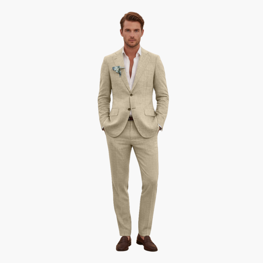 Men's Linen Suit Set – Two-Piece Button Blazer & Trousers Summer Holiday Suit