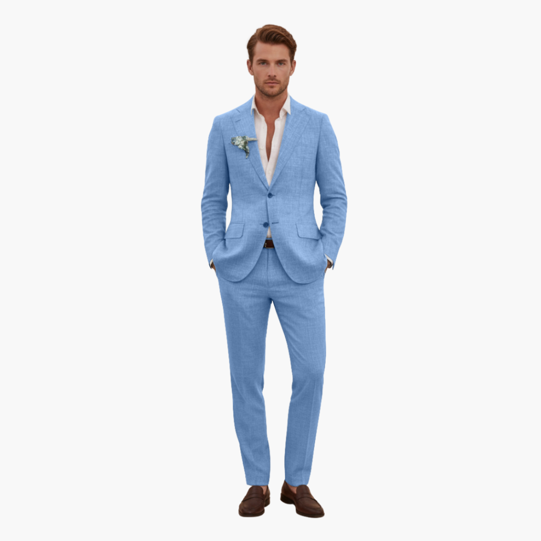 Men's Linen Suit Set – Two-Piece Button Blazer & Trousers Summer Holiday Suit