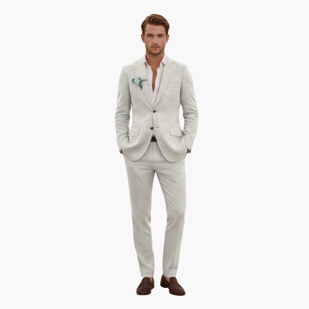 Men's Linen Suit Set – Two-Piece Button Blazer & Trousers Summer Holiday Suit
