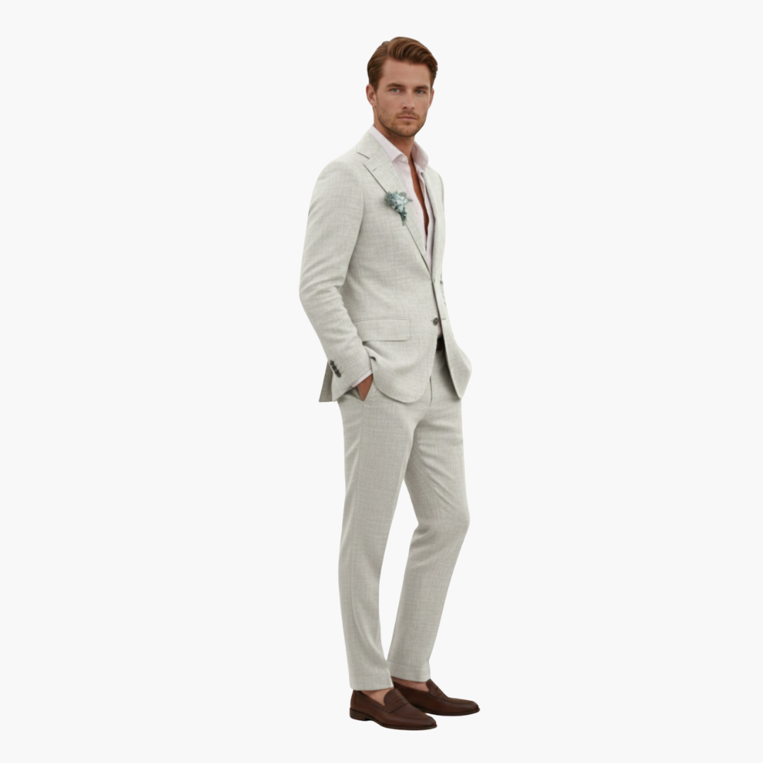 Men's Linen Suit Set – Two-Piece Button Blazer & Trousers Summer Holiday Suit