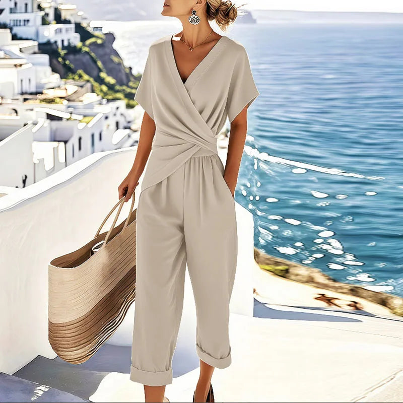 Women's Short-Sleeve V-Neck Jumpsuit – Casual Wide-Leg One-Piece