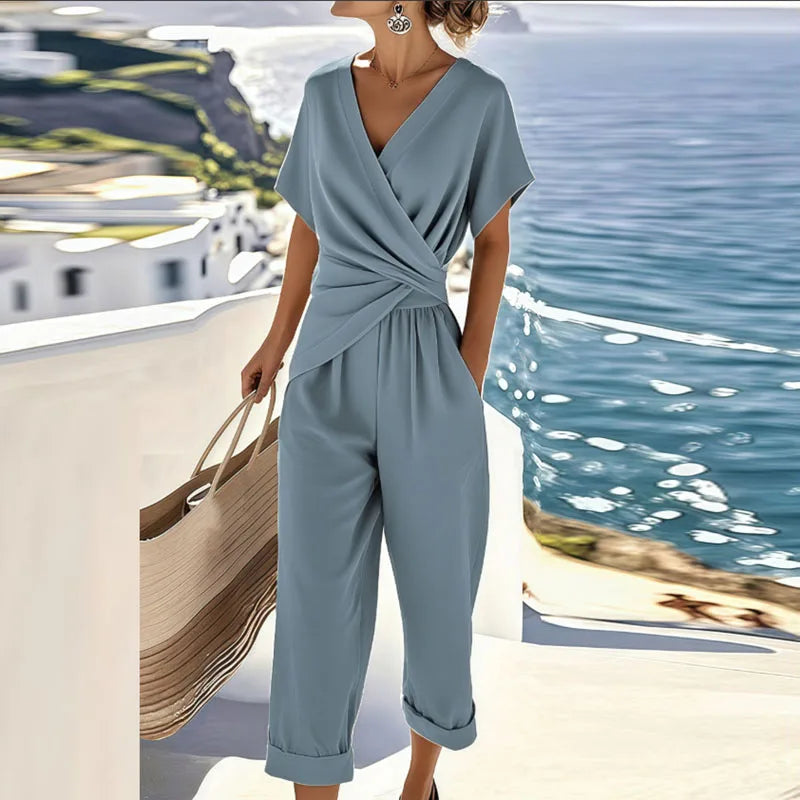 Women's Short-Sleeve V-Neck Jumpsuit – Casual Wide-Leg One-Piece
