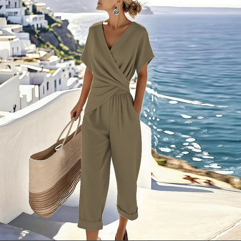 Women's Short-Sleeve V-Neck Jumpsuit – Casual Wide-Leg One-Piece