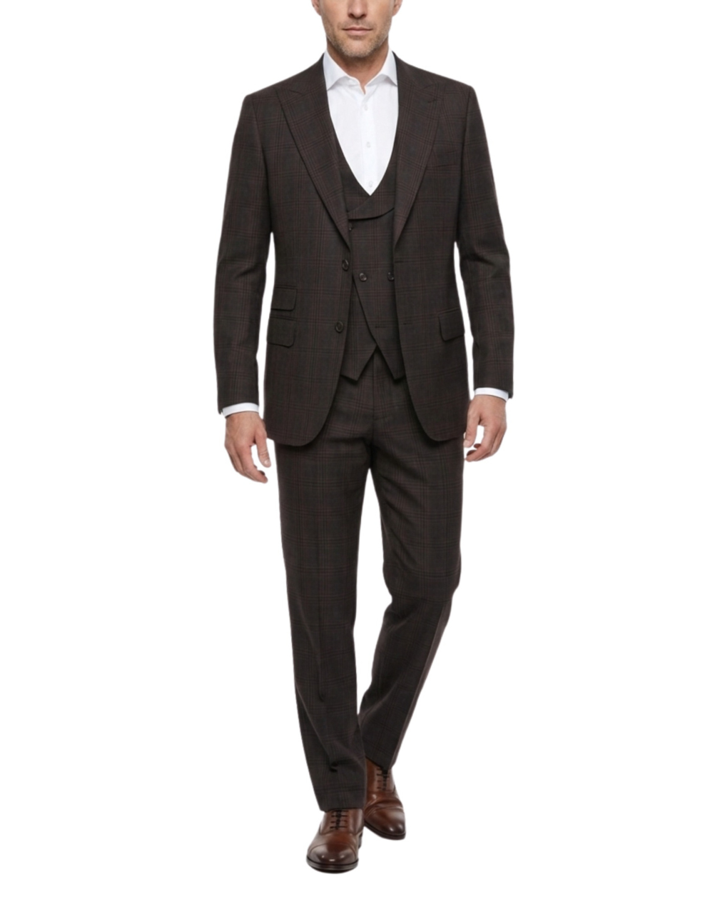 Men's Brown Windowpane Classic Fit Peak Lapel Wool 3-Piece Suit – view 2