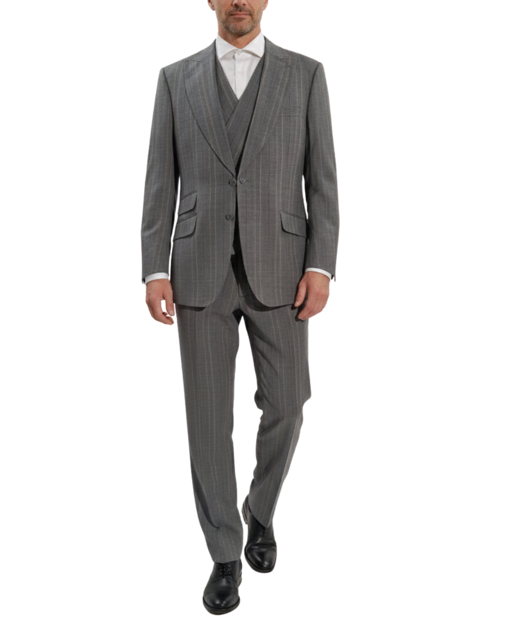 Men's Gray Stripe Classic Fit Peak Lapel Wool 3-Piece Suit – view 2