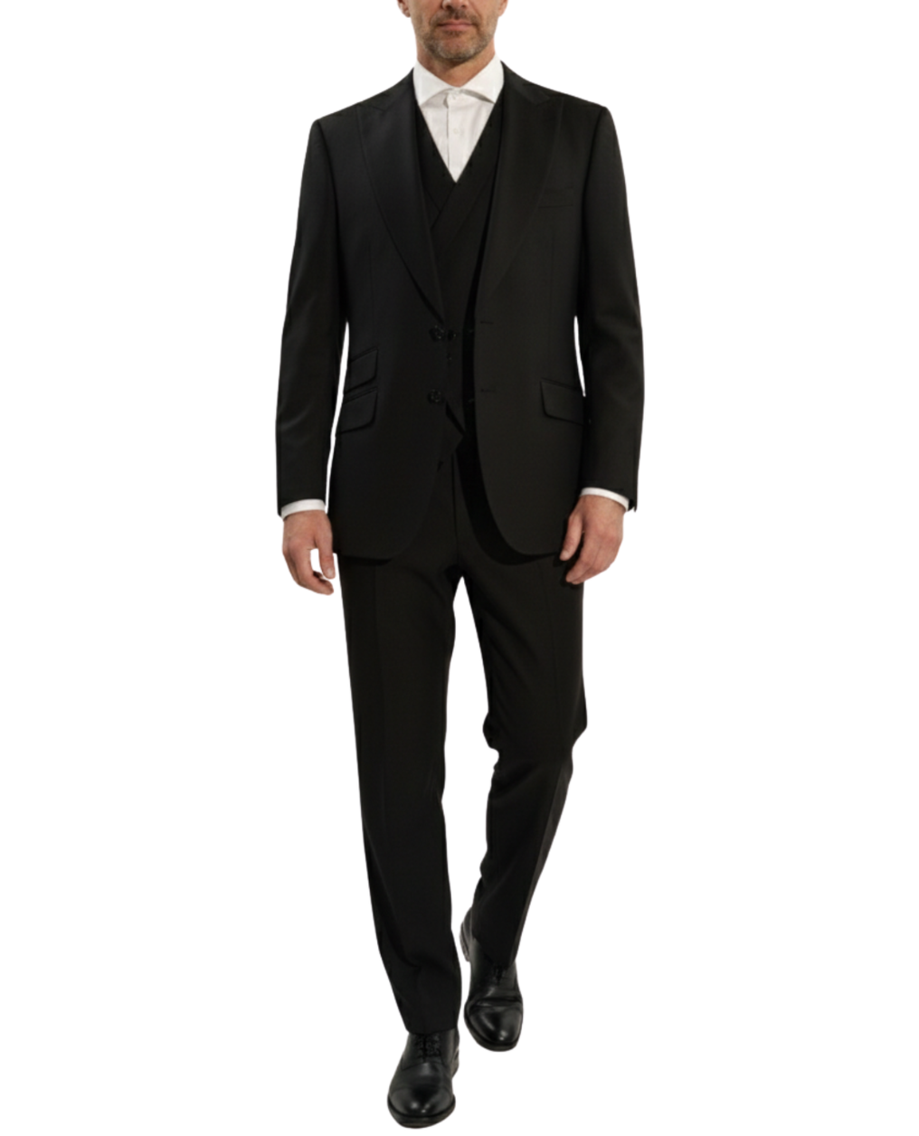 Men's Solid Black Classic Fit Peak Lapel Wool 3-Piece Suit – view 2