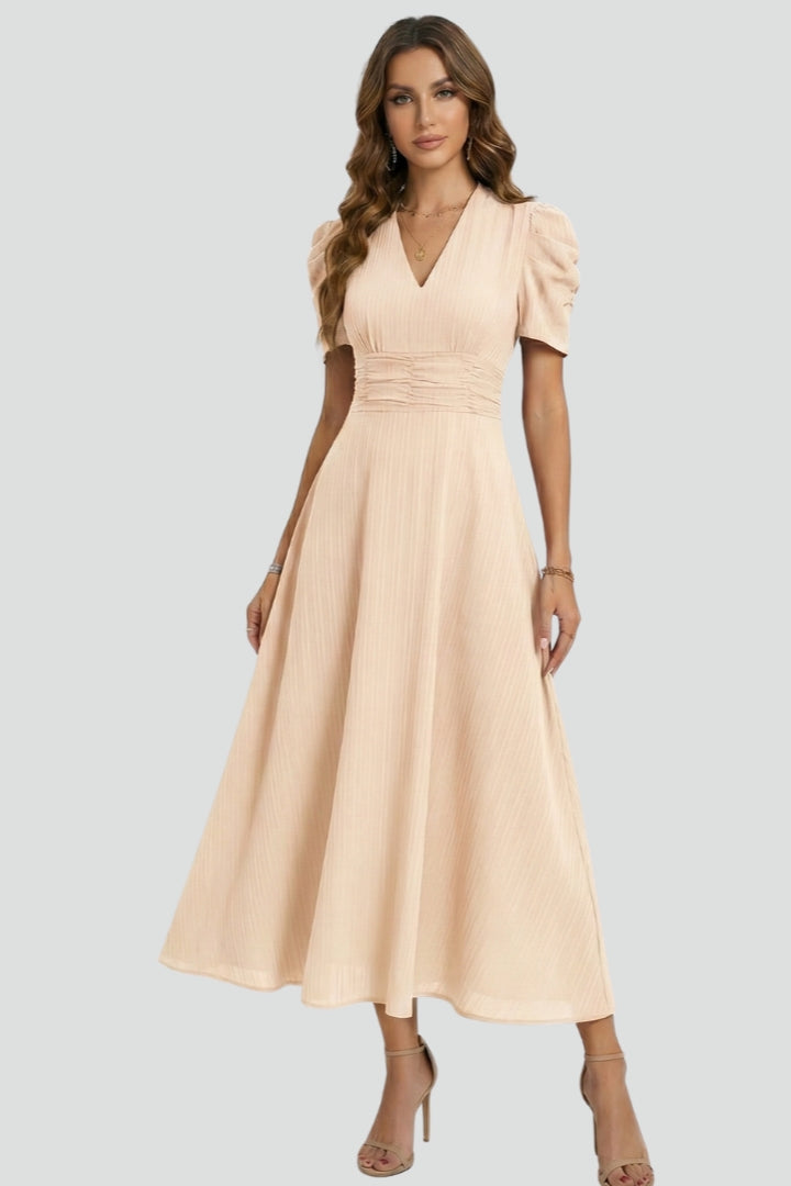 Women's V-Neck Midi Dress with Short Sleeves – Elegant Day & Occasion Dress