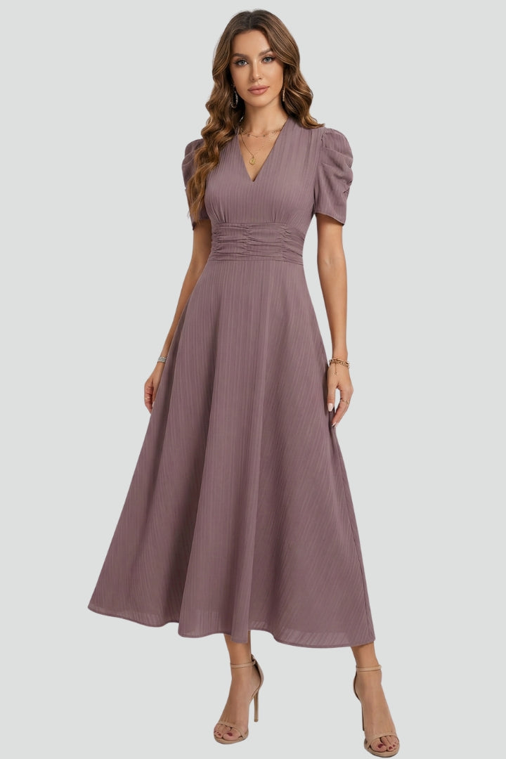 Women's V-Neck Midi Dress with Short Sleeves – Elegant Day & Occasion Dress