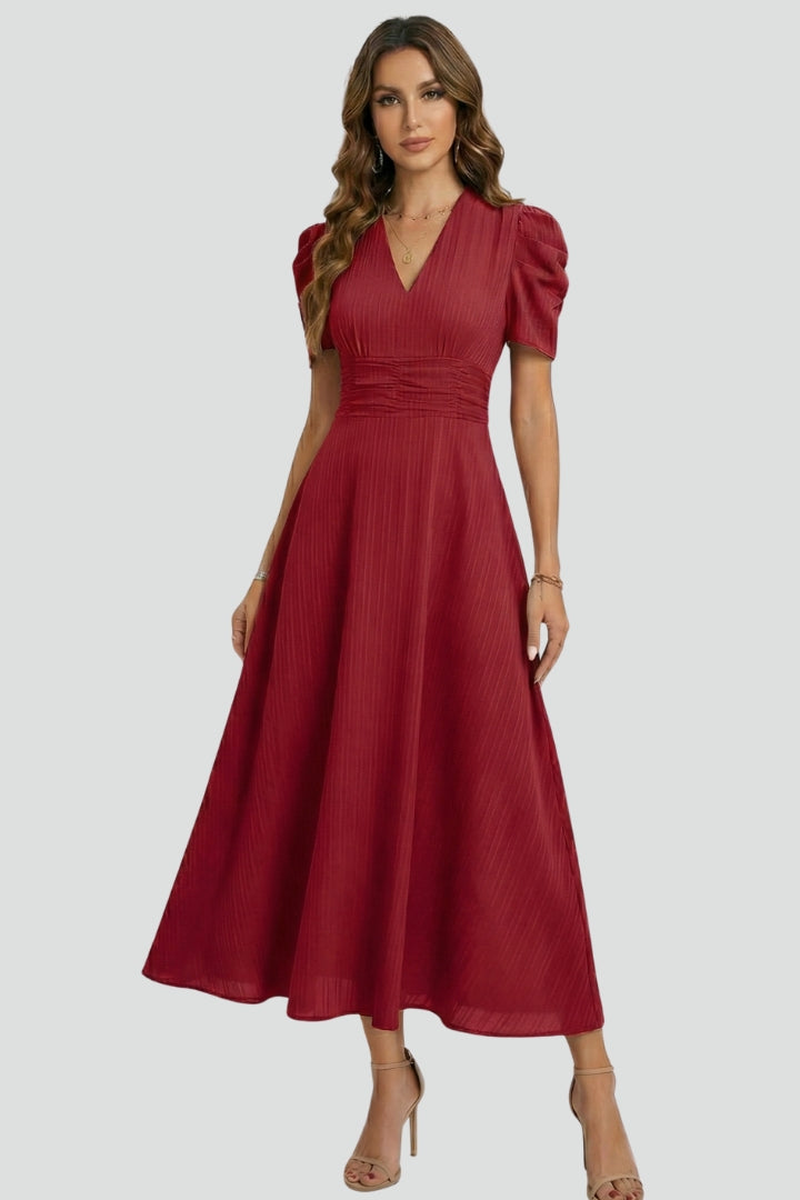 Women's V-Neck Midi Dress with Short Sleeves – Elegant Day & Occasion Dress