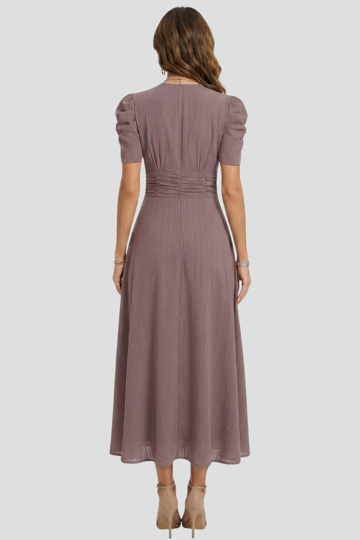 Women's V-Neck Midi Dress with Short Sleeves – Elegant Day & Occasion Dress