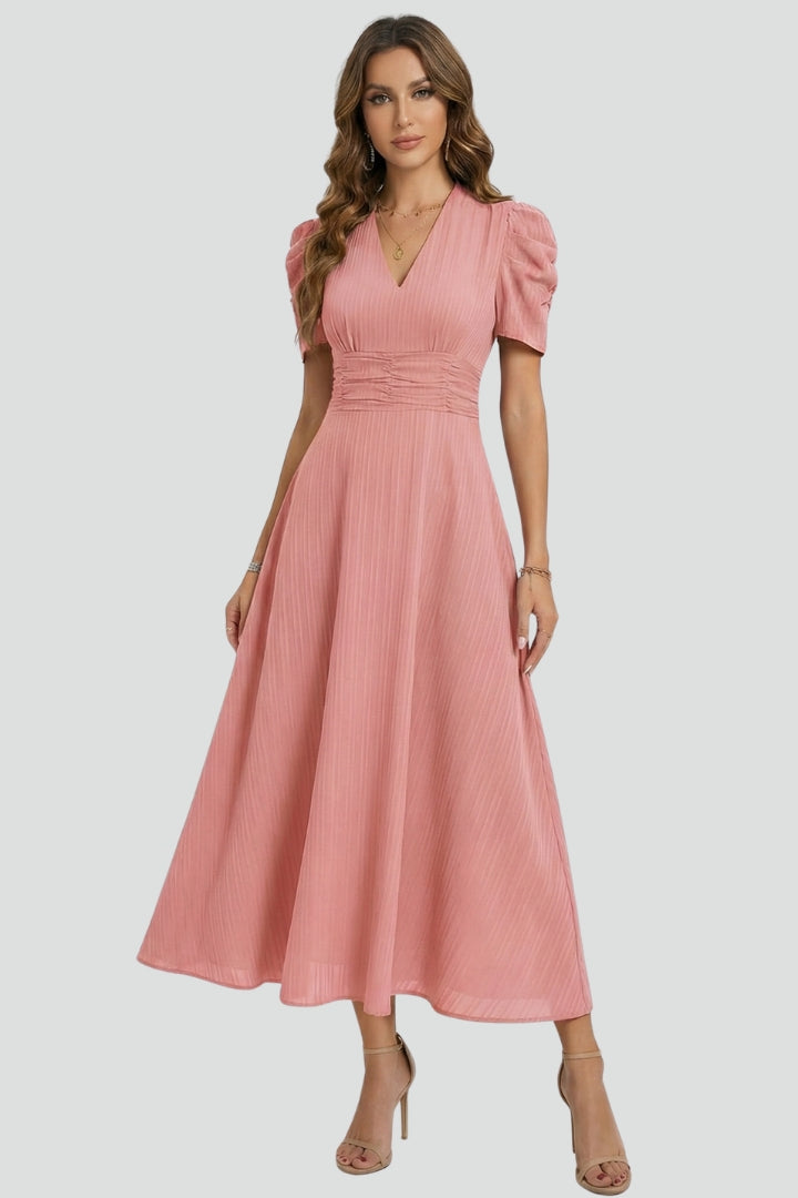 Women's V-Neck Midi Dress with Short Sleeves – Elegant Day & Occasion Dress