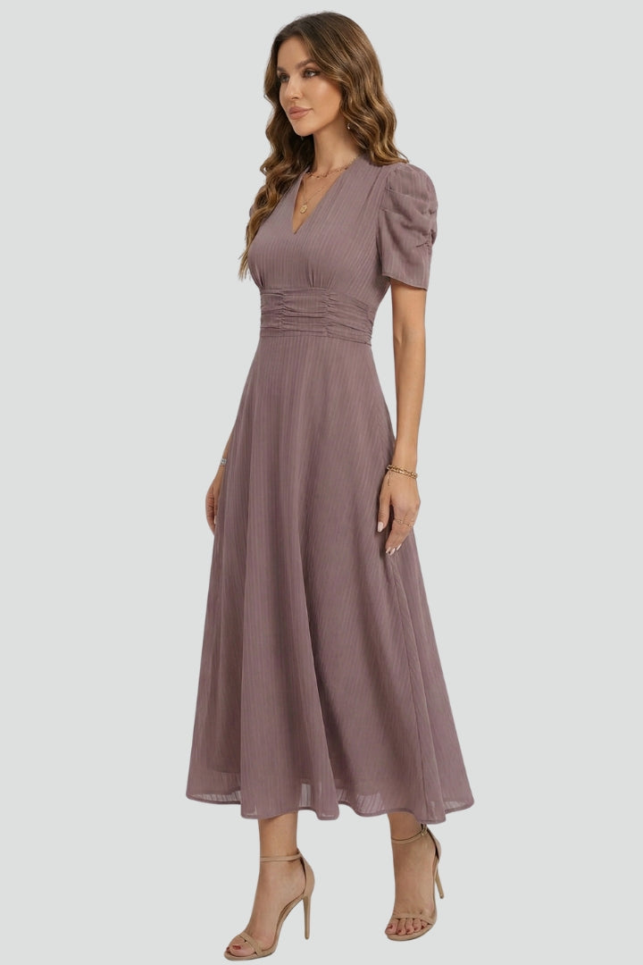 Women's V-Neck Midi Dress with Short Sleeves – Elegant Day & Occasion Dress