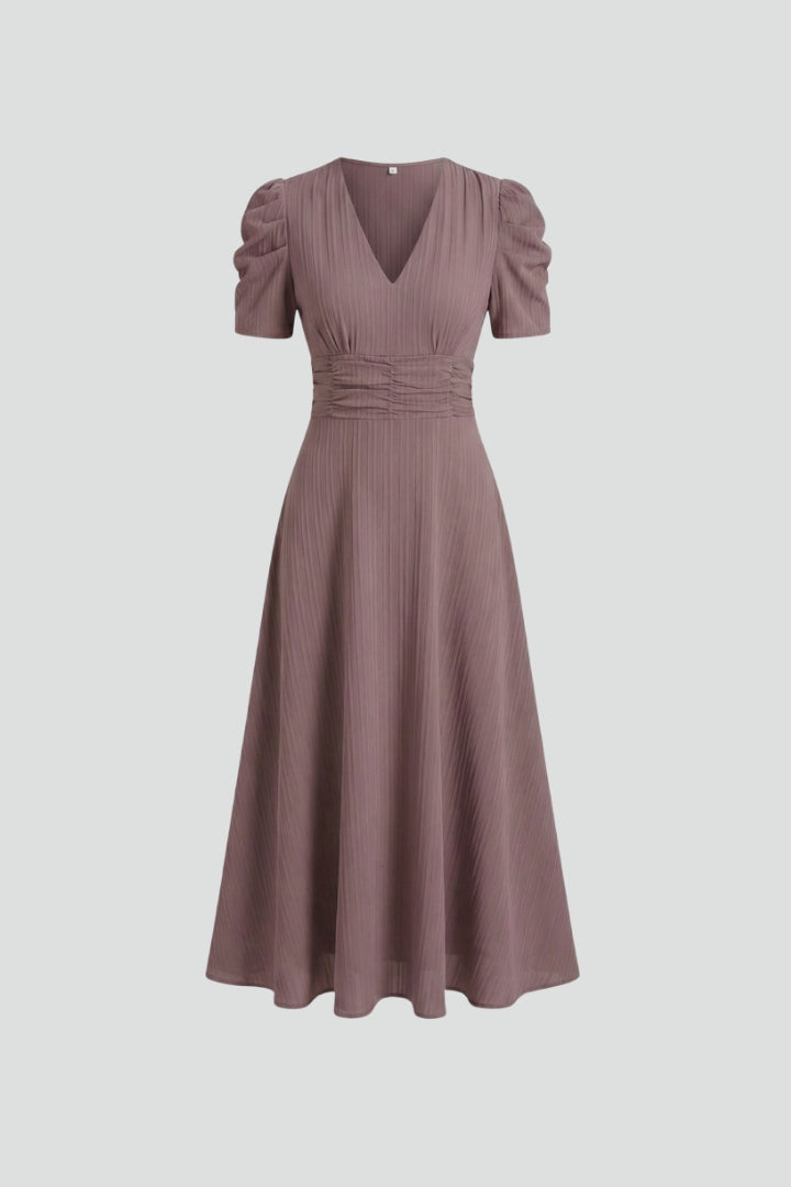 Women's V-Neck Midi Dress with Short Sleeves – Elegant Day & Occasion Dress