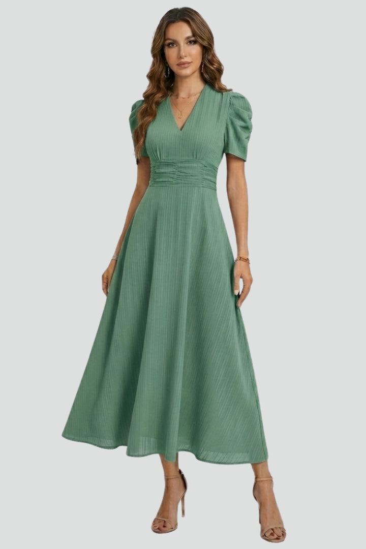 Women's V-Neck Midi Dress with Short Sleeves – Elegant Day & Occasion Dress