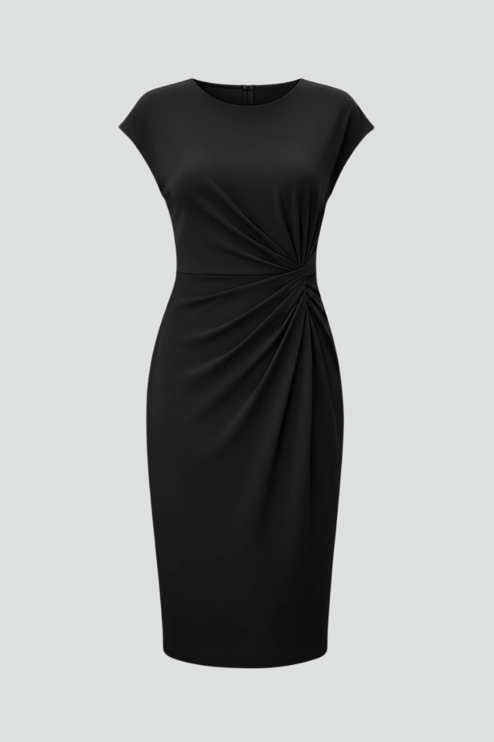 Women's Knee-Length Dress with Round Neck & Ruched Waist – Elegant Day Dress