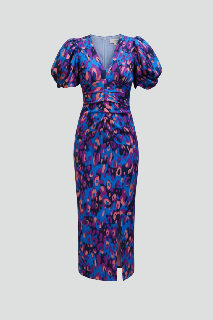 Women's Midi Dress with Puff Sleeves & Ruched Waist – Elegant Occasion Day Dress