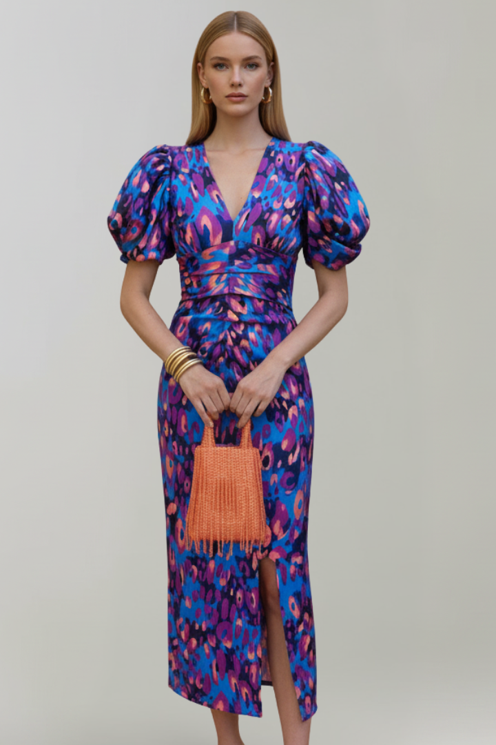 Women's Midi Dress with Puff Sleeves & Ruched Waist – Elegant Occasion Day Dress