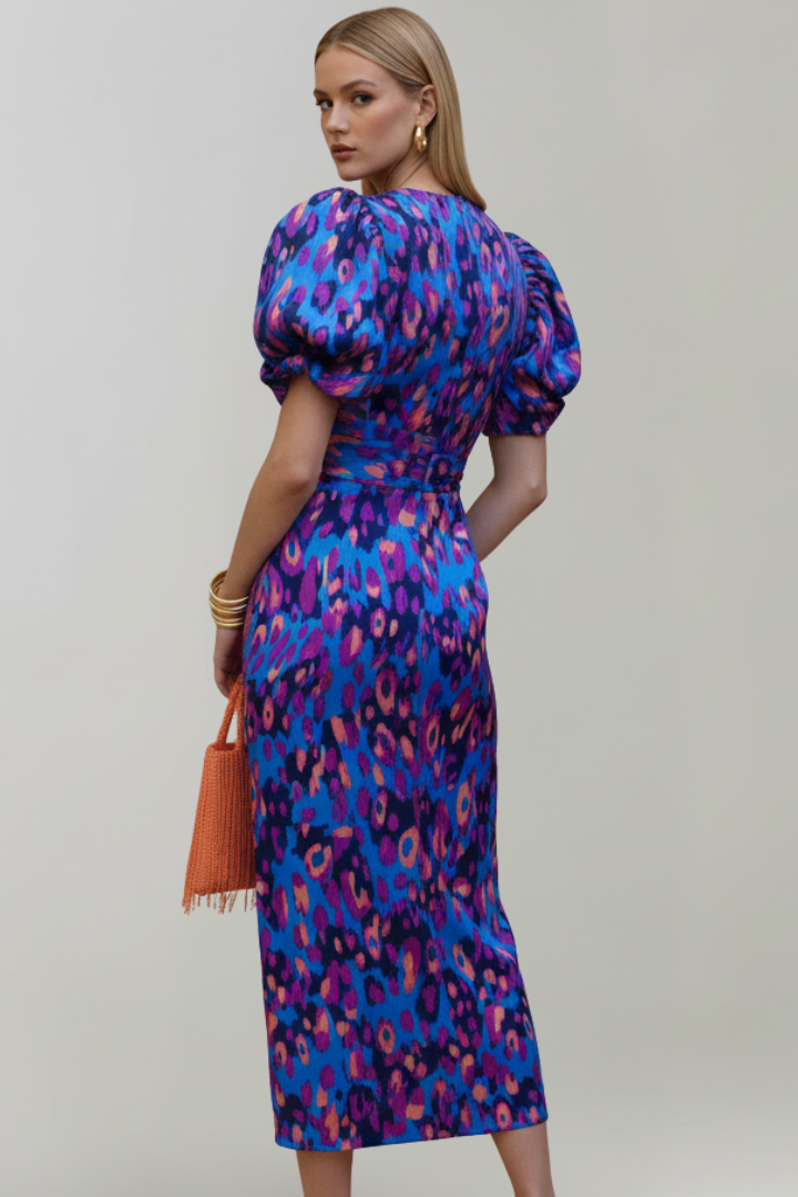 Women's Midi Dress with Puff Sleeves & Ruched Waist – Elegant Occasion Day Dress