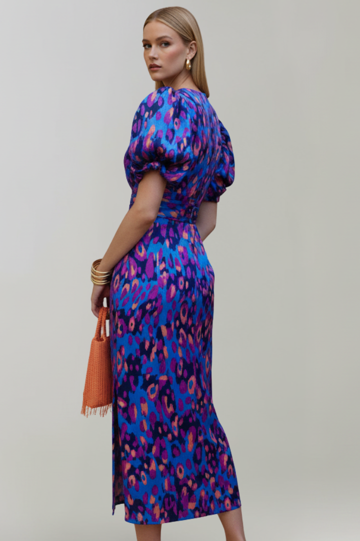 Women's Midi Dress with Puff Sleeves & Ruched Waist – Elegant Occasion Day Dress